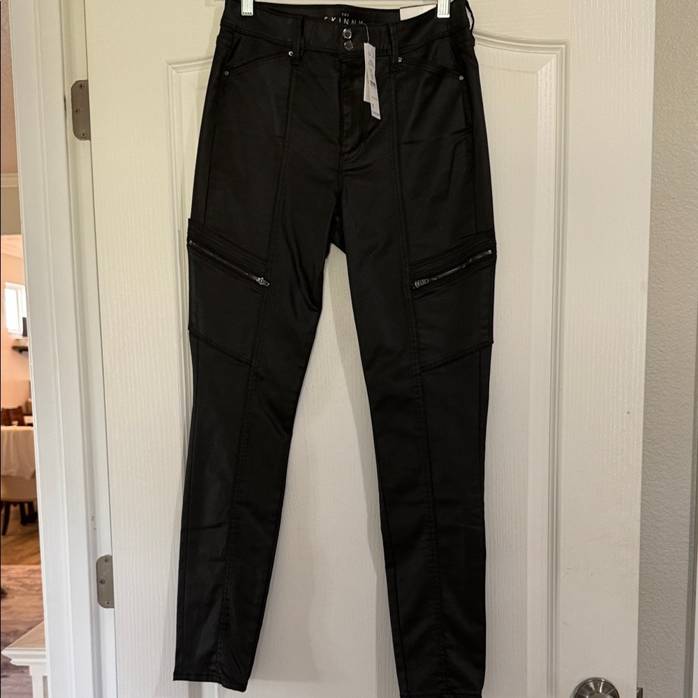 White House Black Market Black Faux Leather Pants with Zipper Details
